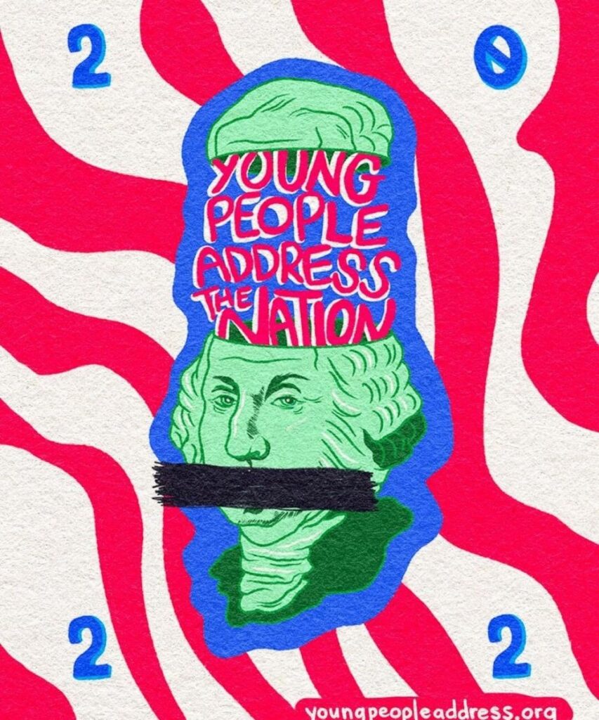 Graphic design illustration from "Screenshot 2026-06-03 at 11.19.29 PM.jpg" featuring a green illustrated bust of George Washington with a heavy black bar covering his mouth, outlined in blue over a red and white wavy zebra-striped background; the top half of the bust contains stylized red text reading 'YOUNG PEOPLE ADDRESS THE NATION', with the numbers '2', '0', '2', '2' positioned in the four corners and the website 'youngpeopleaddress.org' at the bottom right—Team DSB Young People Address the Nation case study campaign graphic asset